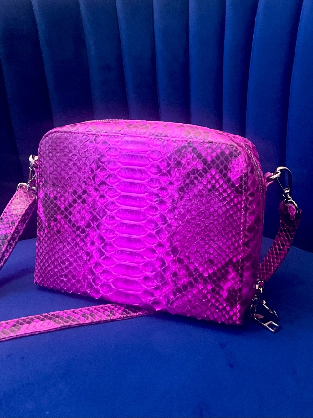 Fuchsia Genuine Python Crossbody – Real Snakeskin Shoulder Bag w Silver Hardware - Picture 5 of 16